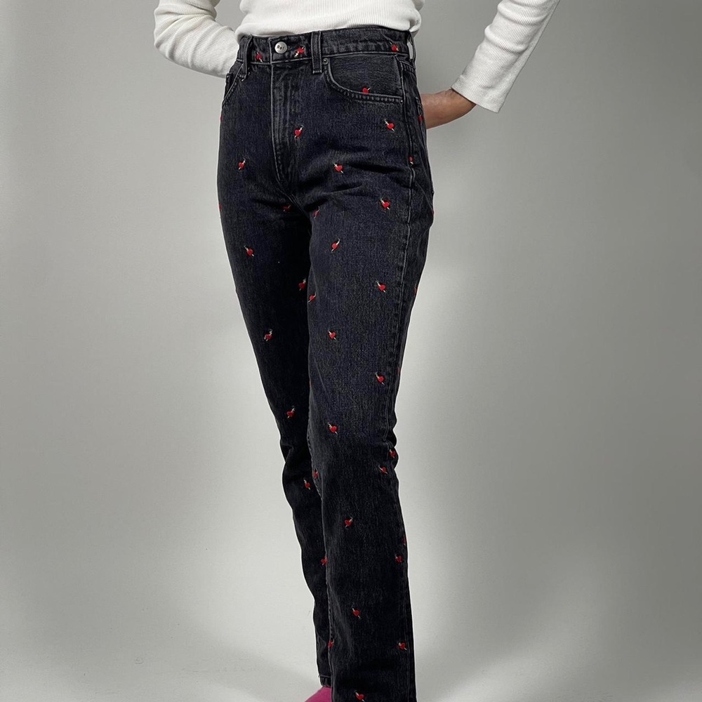 Reformation Black Straight Leg Jeans with Red Accents